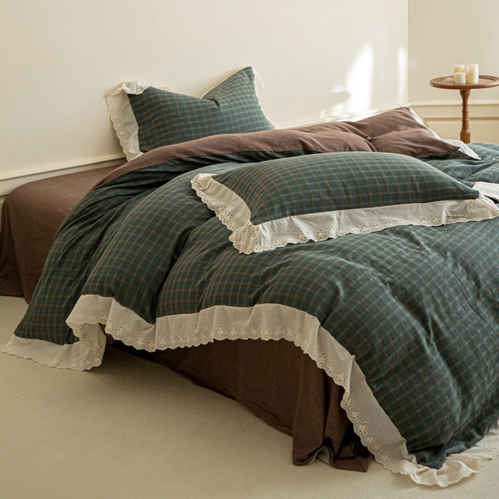 91家纺网 家纺一手货源 找家纺 棉眠 2025新款全棉色织双层纱格子法式大花边款 海莉-绿