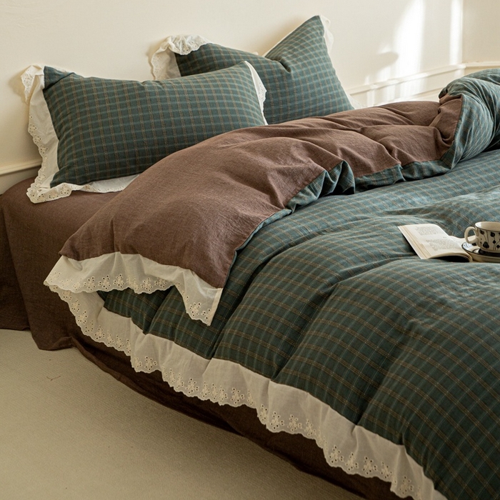 91家纺网 家纺一手货源 找家纺 棉眠 2025新款全棉色织双层纱格子法式大花边款 海莉-绿