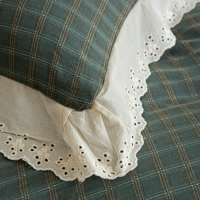91家纺网 家纺一手货源 找家纺 棉眠 2025新款全棉色织双层纱格子法式大花边款 海莉-绿