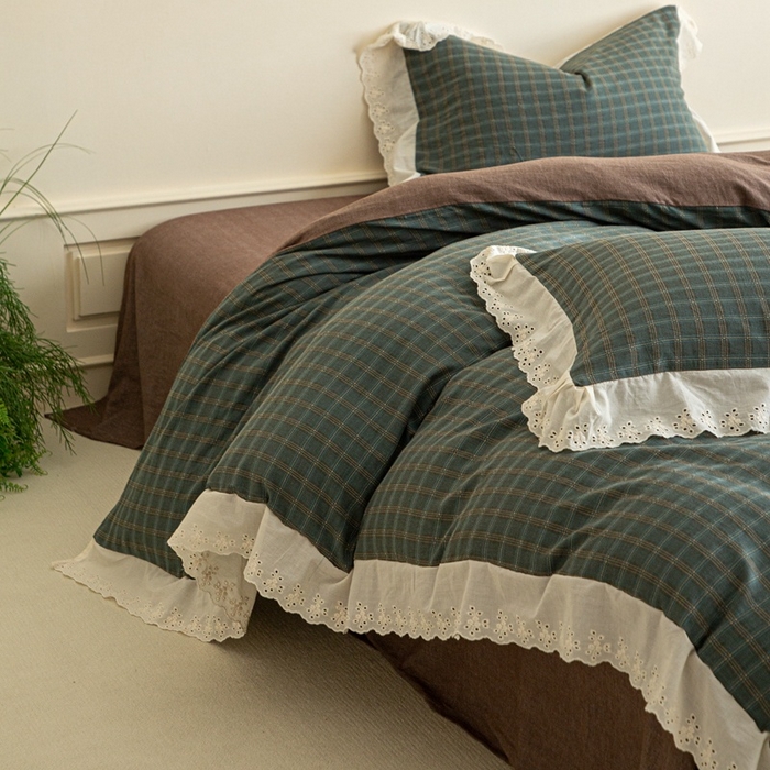 91家纺网 家纺一手货源 找家纺 棉眠 2025新款全棉色织双层纱格子法式大花边款 海莉-绿