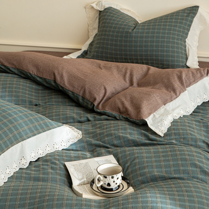 91家纺网 家纺一手货源 找家纺 棉眠 2025新款全棉色织双层纱格子法式大花边款 海莉-绿