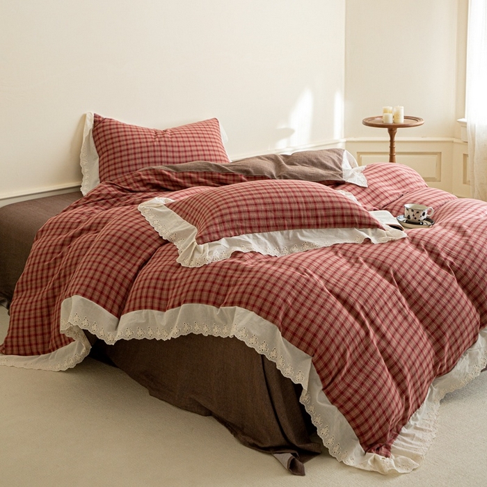 91家纺网 家纺一手货源 找家纺 棉眠 2025新款全棉色织双层纱格子法式大花边款 蕾拉