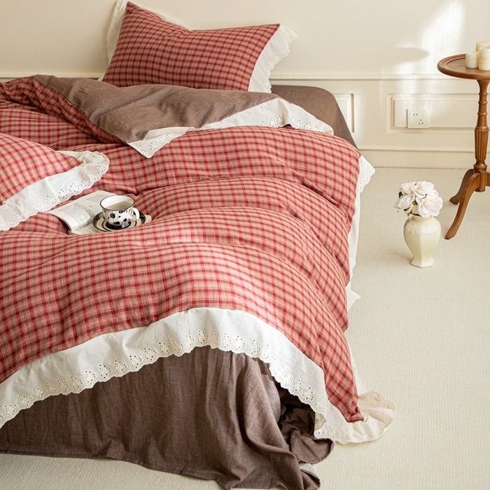 91家纺网 家纺一手货源 找家纺 棉眠 2025新款全棉色织双层纱格子法式大花边款 蕾拉