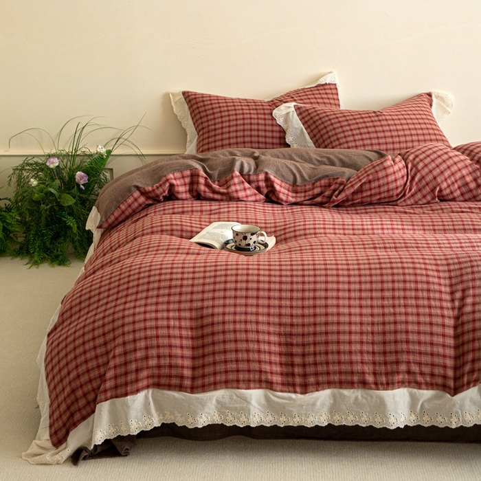 91家纺网 家纺一手货源 找家纺 棉眠 2025新款全棉色织双层纱格子法式大花边款 蕾拉