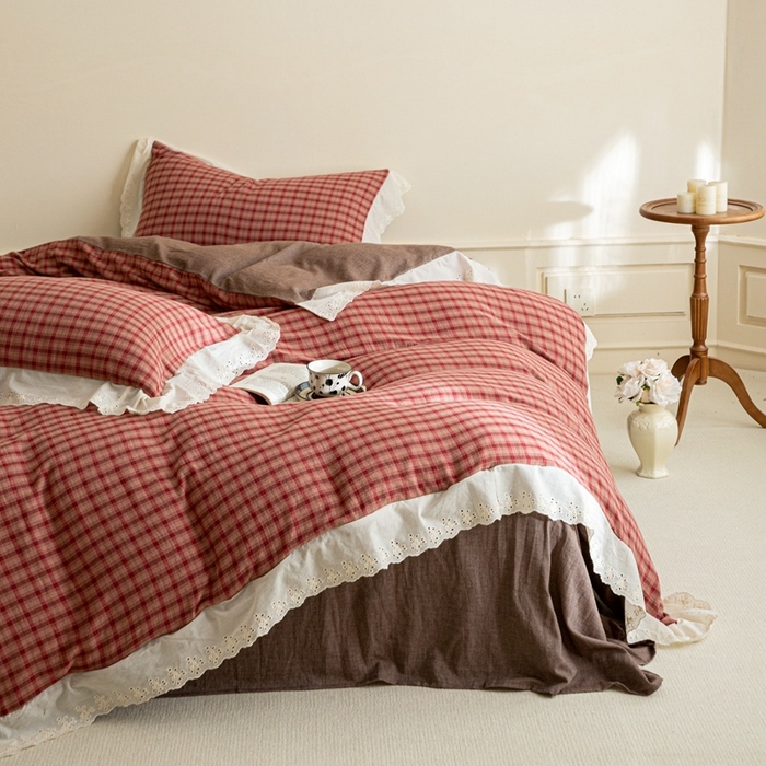 91家纺网 家纺一手货源 找家纺 棉眠 2025新款全棉色织双层纱格子法式大花边款 蕾拉