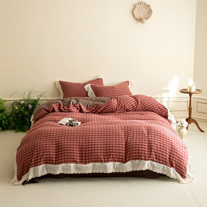 91家纺网 家纺一手货源 找家纺 棉眠 2025新款全棉色织双层纱格子法式大花边款 蕾拉