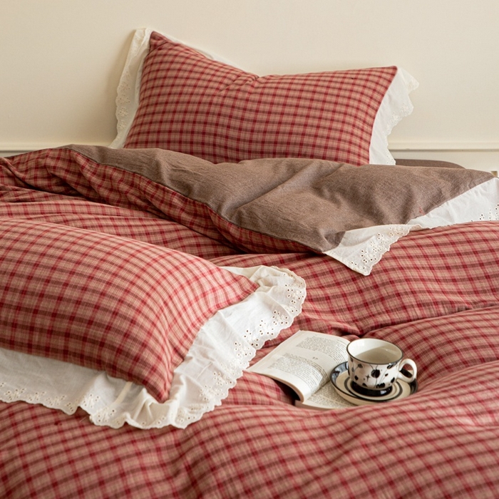 91家纺网 家纺一手货源 找家纺 棉眠 2025新款全棉色织双层纱格子法式大花边款 蕾拉