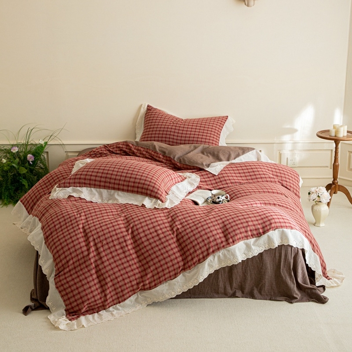 91家纺网 家纺一手货源 找家纺 棉眠 2025新款全棉色织双层纱格子法式大花边款 蕾拉