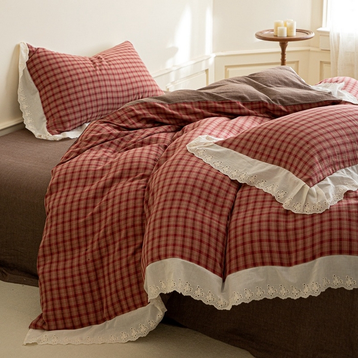 91家纺网 家纺一手货源 找家纺 棉眠 2025新款全棉色织双层纱格子法式大花边款 蕾拉