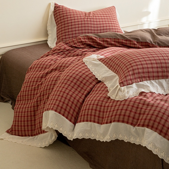 91家纺网 家纺一手货源 找家纺 棉眠 2025新款全棉色织双层纱格子法式大花边款 蕾拉