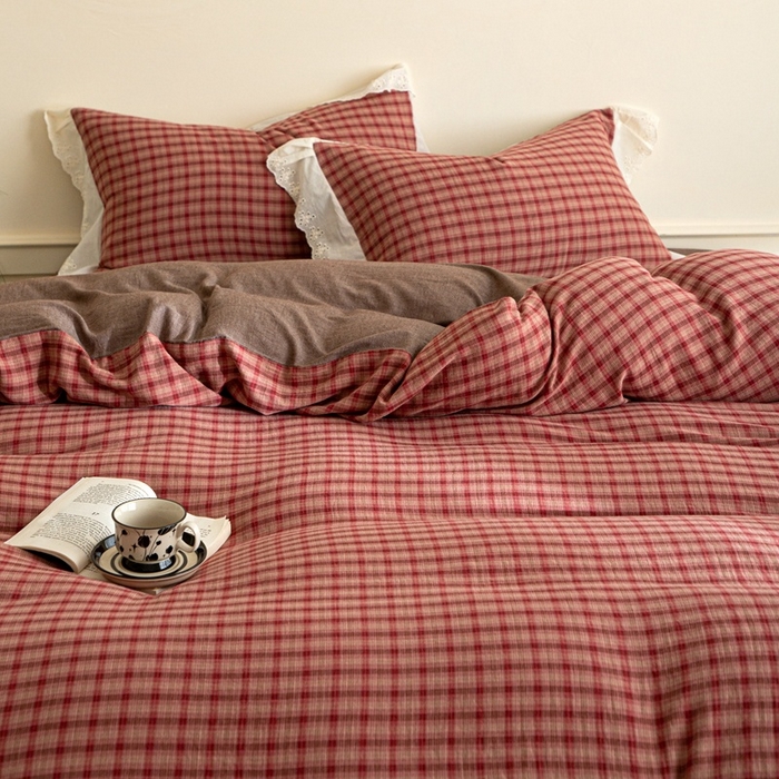 91家纺网 家纺一手货源 找家纺 棉眠 2025新款全棉色织双层纱格子法式大花边款 蕾拉