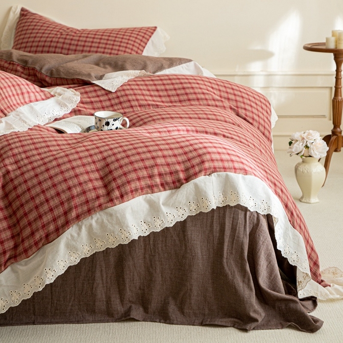 棉眠 2025新款全棉色织双层纱格子法式大花边款 蕾拉