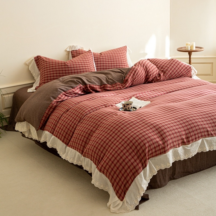 91家纺网 家纺一手货源 找家纺 棉眠 2025新款全棉色织双层纱格子法式大花边款 蕾拉