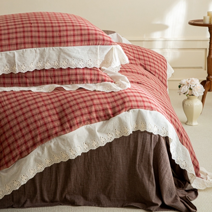 91家纺网 家纺一手货源 找家纺 棉眠 2025新款全棉色织双层纱格子法式大花边款 蕾拉