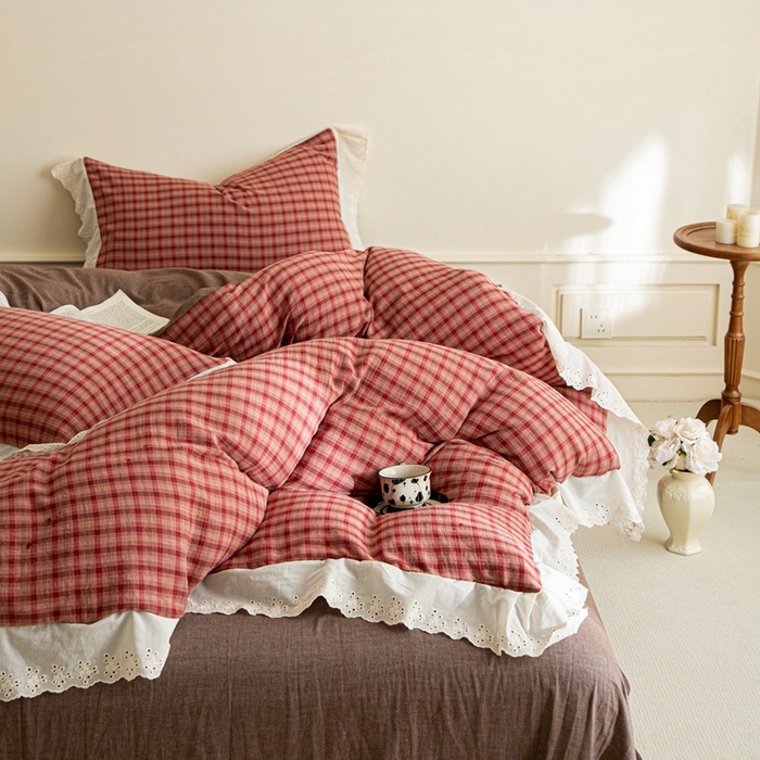 91家纺网 家纺一手货源 找家纺 棉眠 2025新款全棉色织双层纱格子法式大花边款 蕾拉