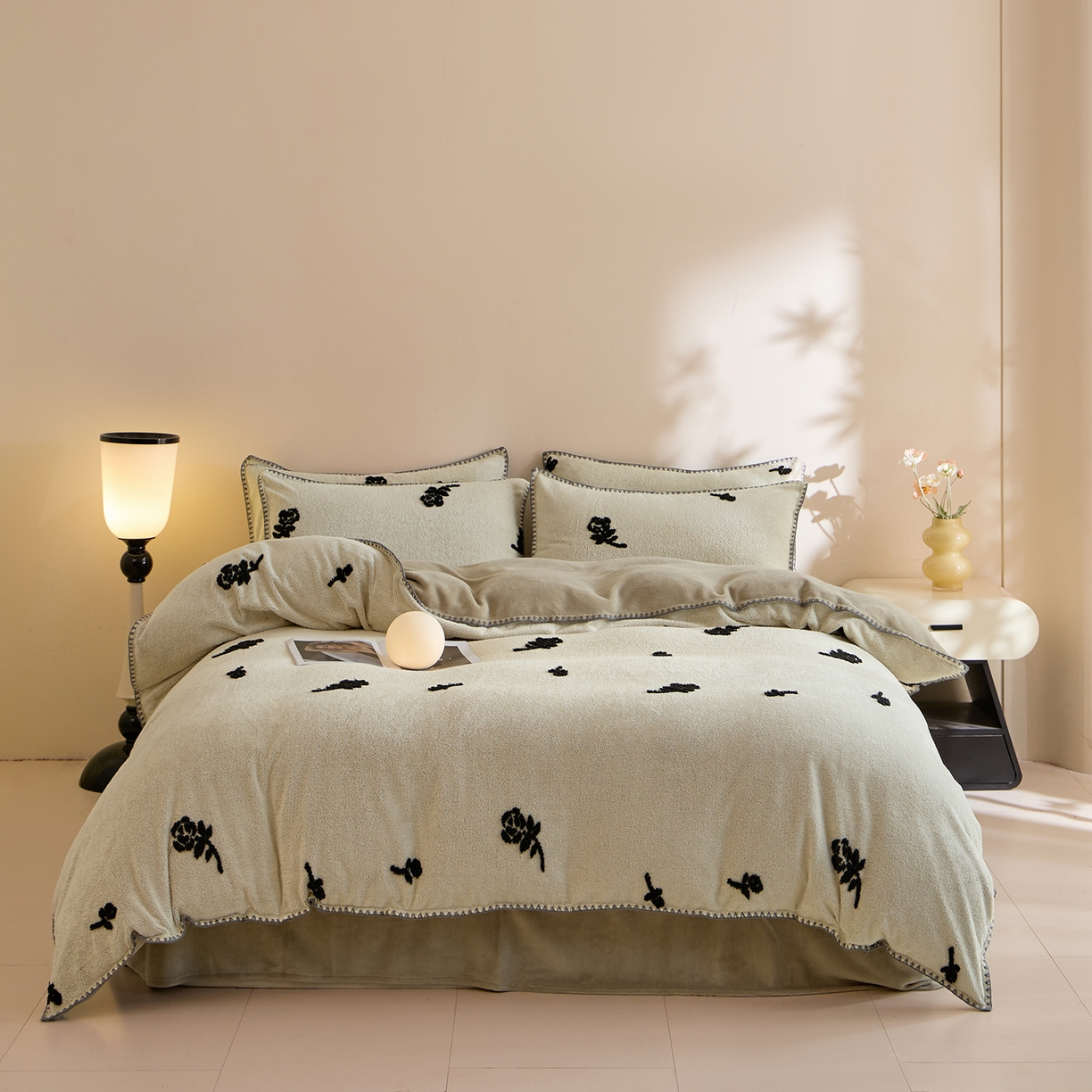 绒世界 2025新款加厚兔绒提花牛奶绒四件套系列 玫瑰-卡其