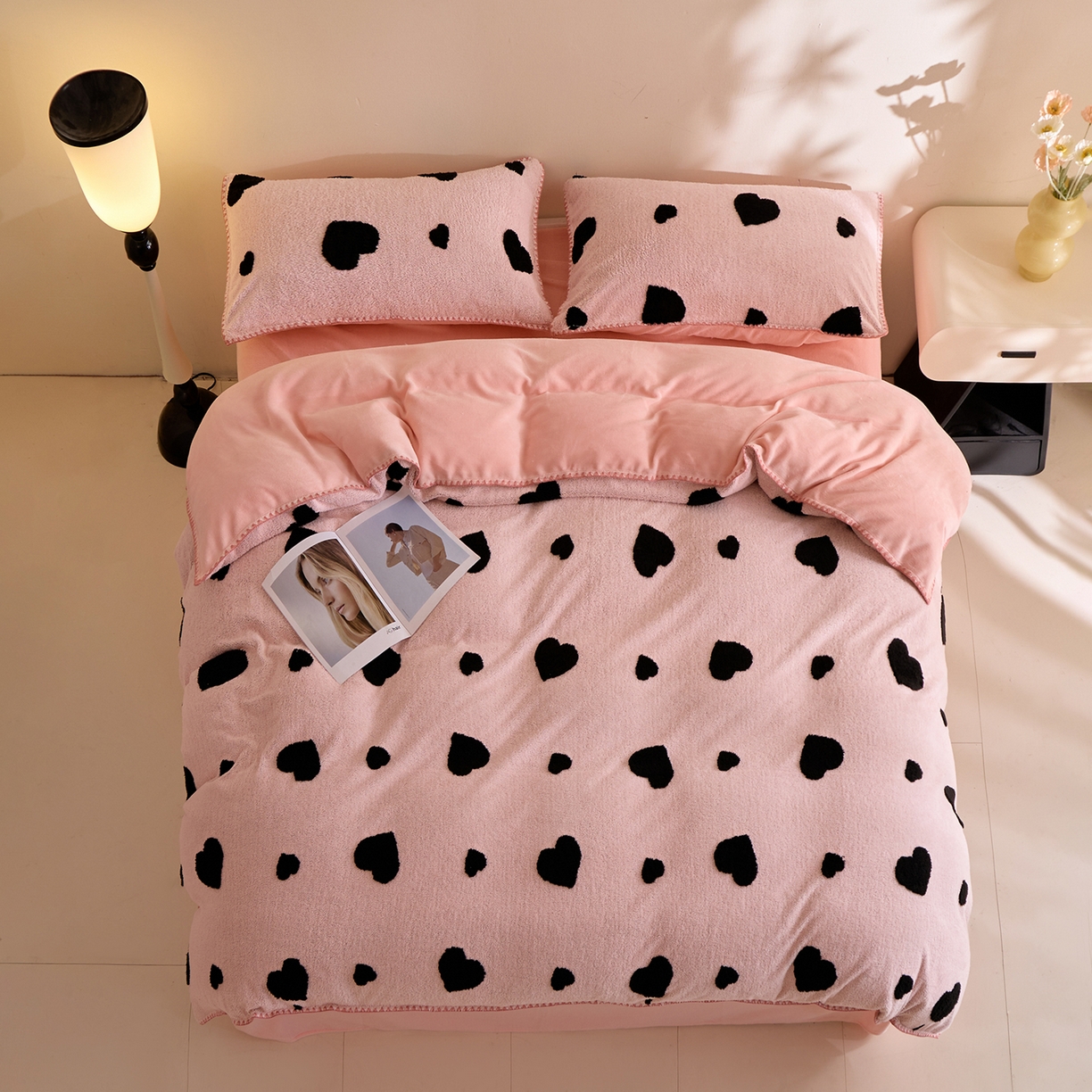 丝印良品 2025新款加厚兔绒提花牛奶绒四件套系列 爱心-粉