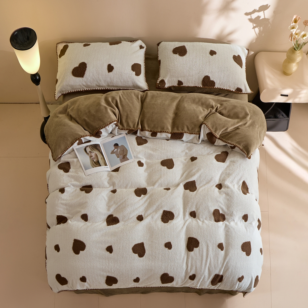 丝印良品 2025新款加厚兔绒提花牛奶绒四件套系列 爱心-梧桐灰