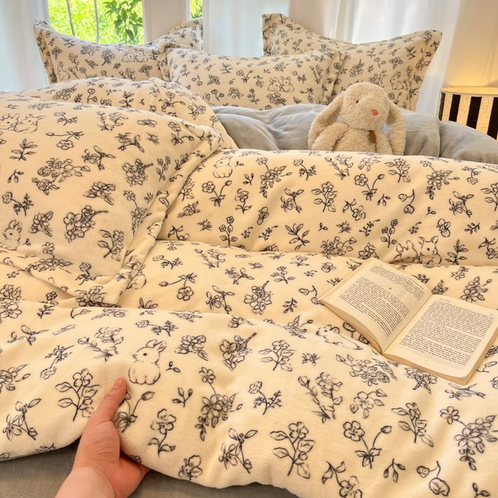 91家纺网 家纺一手货源 找家纺 柒月家居 2025新款加厚200克牛奶绒四件套 丛林小兔