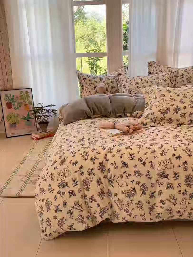 91家纺网 家纺一手货源 找家纺 柒月家居 2025新款加厚200克牛奶绒四件套 丛林小兔
