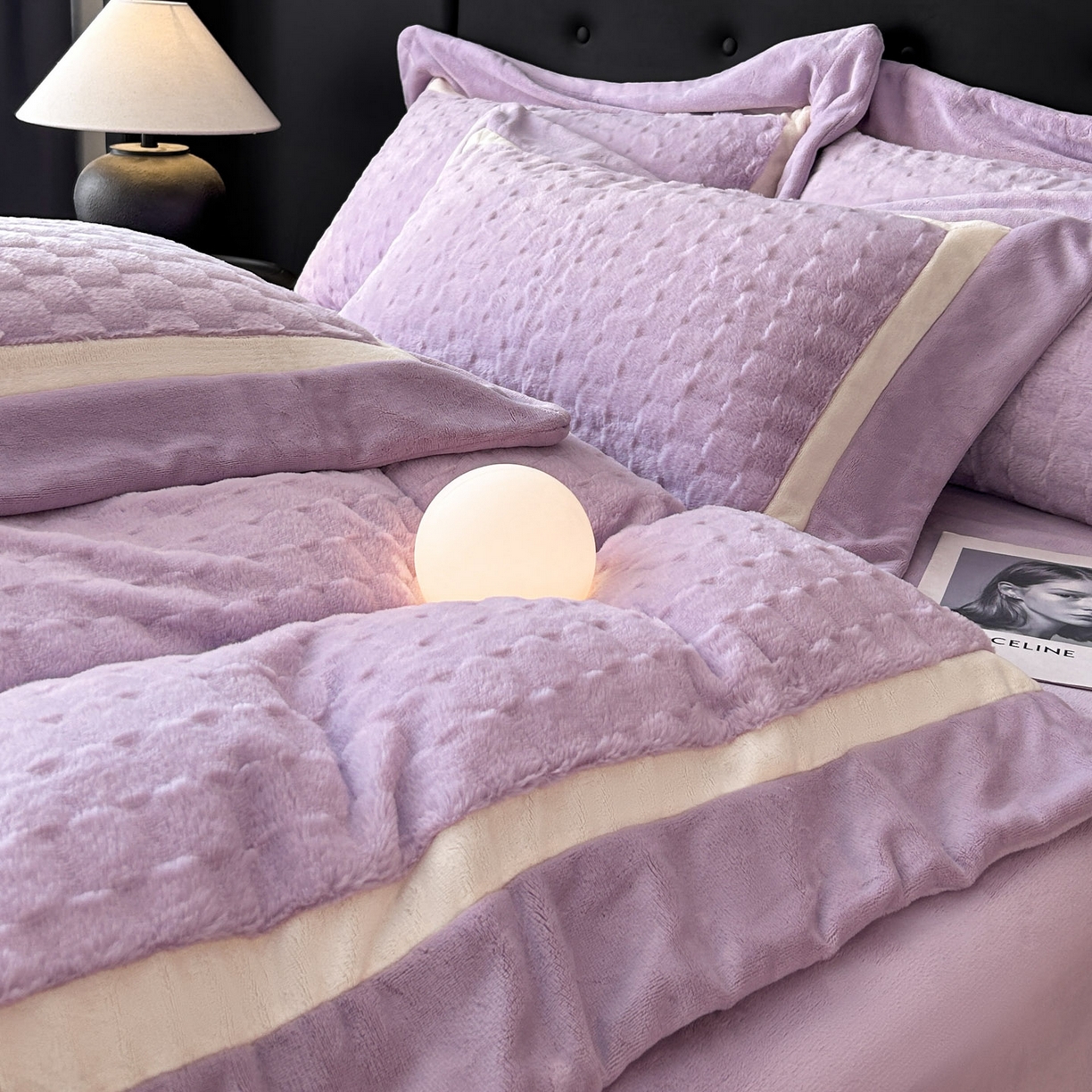 91家纺网 家纺一手货源 找家纺 佳品居 2025新款11斤重加厚兔毛绒轻奢摩卡系列牛奶绒双拼角四件套 摩卡-水晶紫