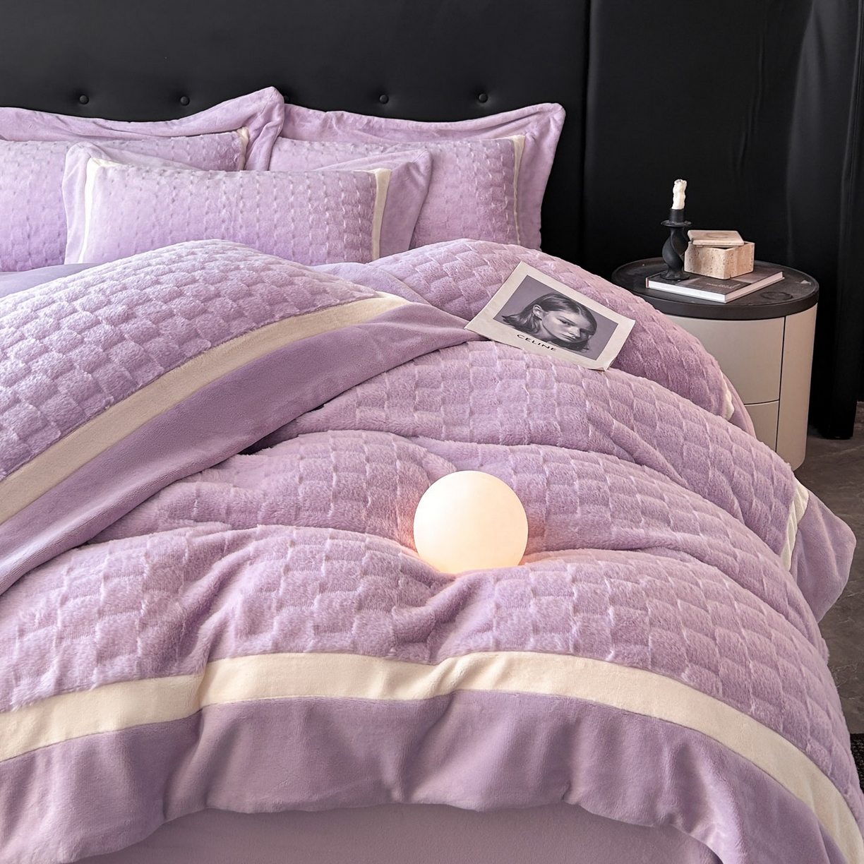 91家纺网 家纺一手货源 找家纺 佳品居 2025新款11斤重加厚兔毛绒轻奢摩卡系列牛奶绒双拼角四件套 摩卡-水晶紫