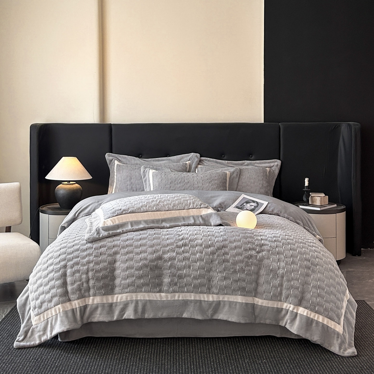 91家纺网 家纺一手货源 找家纺 佳品居 2025新款11斤重加厚兔毛绒轻奢摩卡系列牛奶绒双拼角四件套 摩卡-高级灰