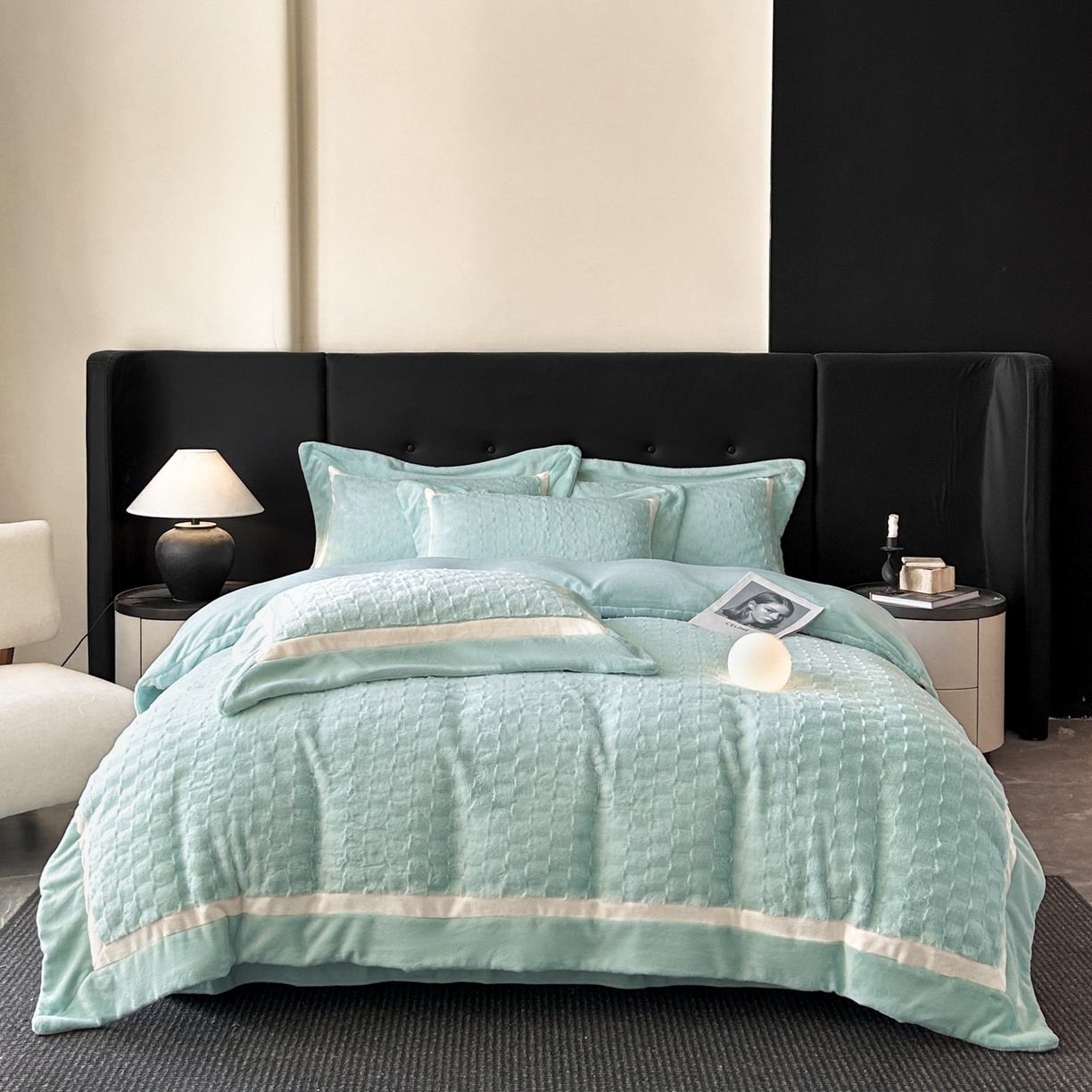 91家纺网 家纺一手货源 找家纺 佳品居 2025新款11斤重加厚兔毛绒轻奢摩卡系列牛奶绒双拼角四件套 摩卡 -浅绿