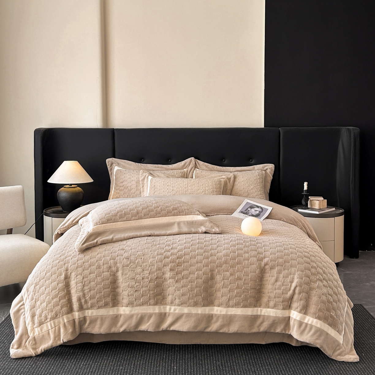 91家纺网 家纺一手货源 找家纺 佳品居 2025新款11斤重加厚兔毛绒轻奢摩卡系列牛奶绒双拼角四件套 摩卡-奶咖