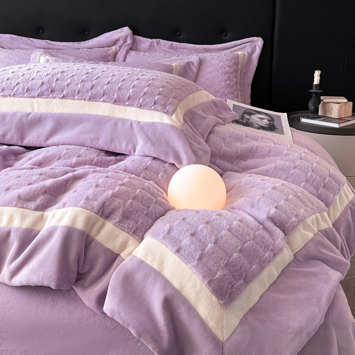 91家纺网 家纺一手货源 找家纺 佳品居 2025新款11斤重加厚兔毛绒轻奢摩卡系列牛奶绒双拼角四件套 摩卡-水晶紫