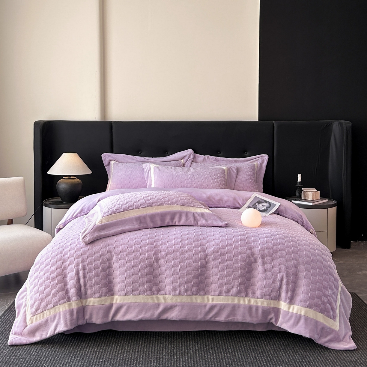 91家纺网 家纺一手货源 找家纺 佳品居 2025新款11斤重加厚兔毛绒轻奢摩卡系列牛奶绒双拼角四件套 摩卡-水晶紫