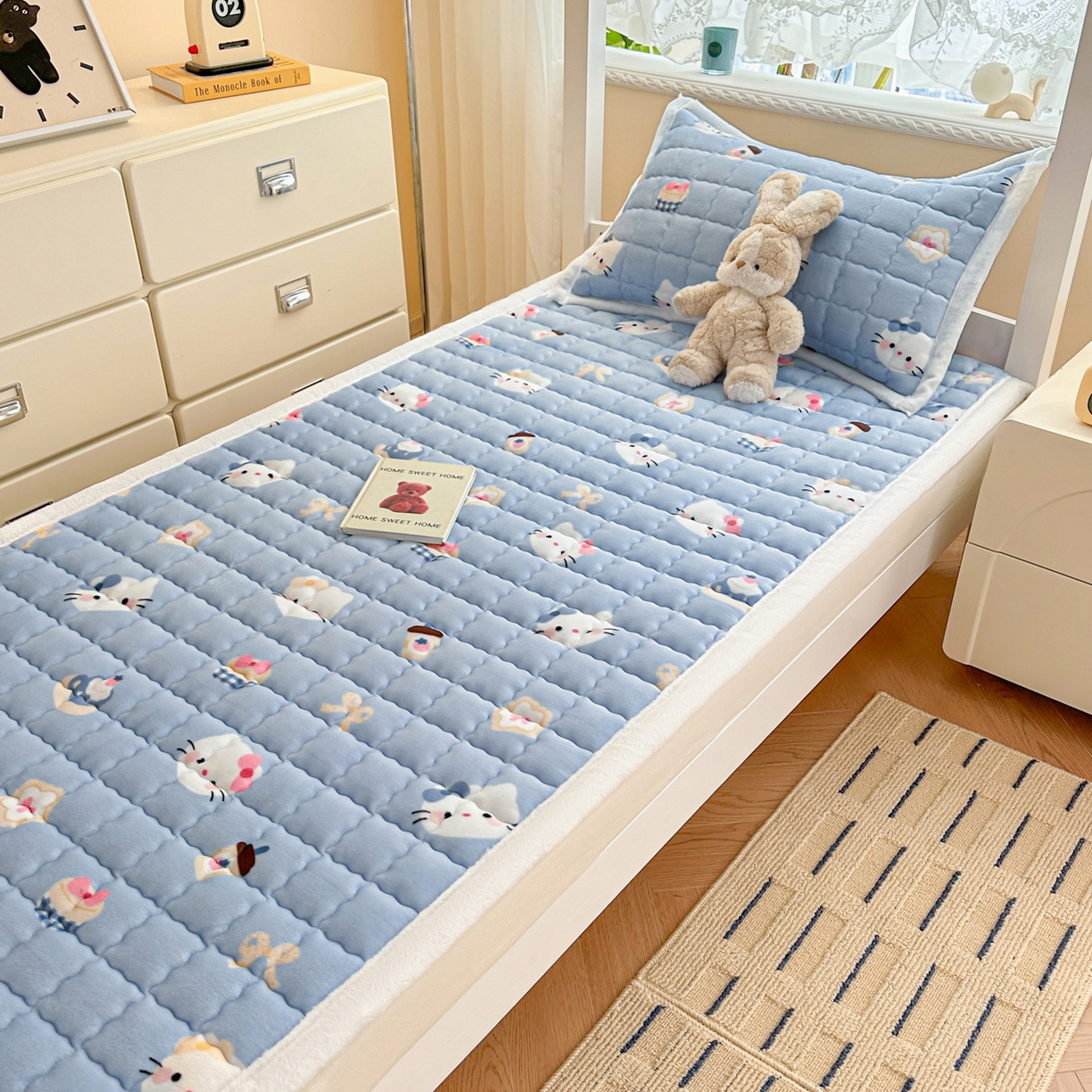 91家纺网 家纺一手货源 找家纺 川悦生活 2025新款A类印花牛奶绒床垫加厚绒保暖床床褥 床垫晴空小喵