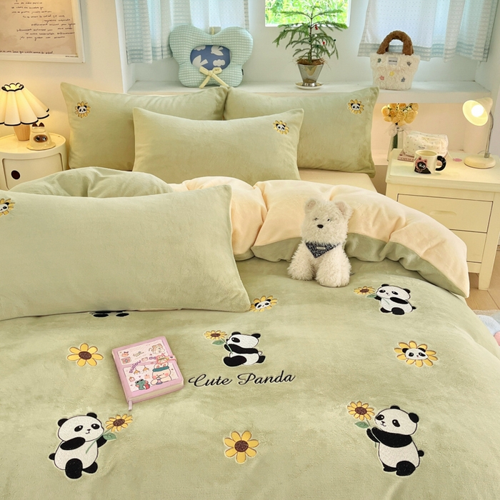 利欧 2025新款满绣卡通牛奶绒刺绣四件套 向日葵熊-韵绿