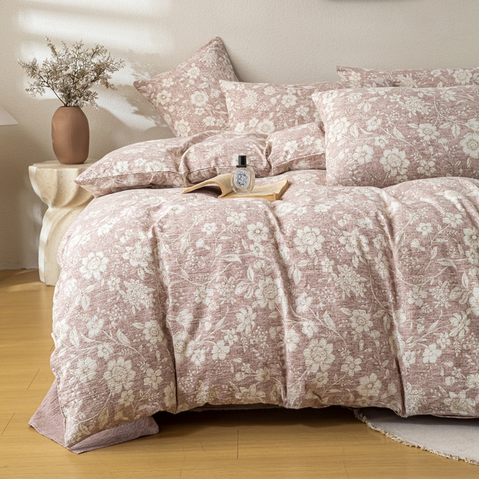 91家纺网 家纺一手货源 找家纺 漫仙阁家纺 2025新款加厚高克重原麻复古风印花四件套 粉黛