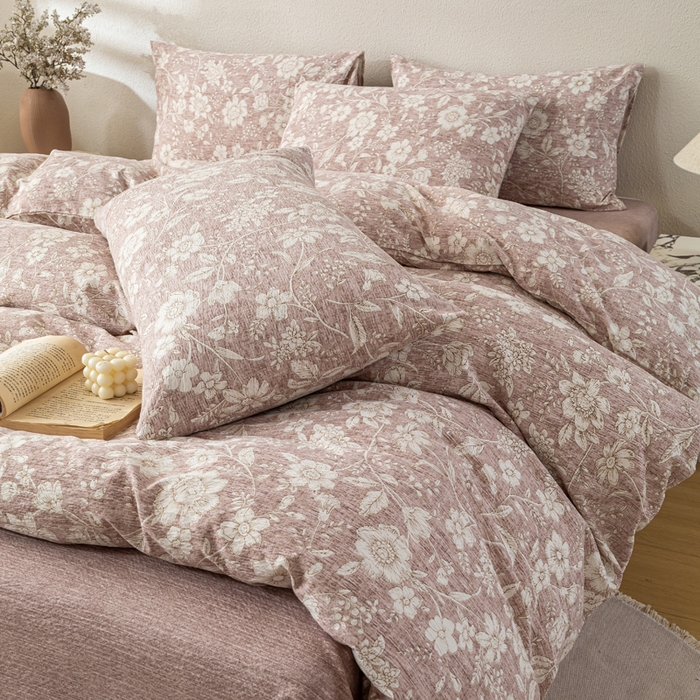 91家纺网 家纺一手货源 找家纺 漫仙阁家纺 2025新款加厚高克重原麻复古风印花四件套 粉黛