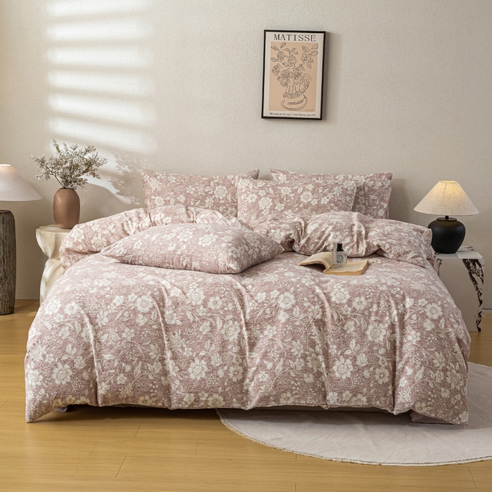 91家纺网 家纺一手货源 找家纺 漫仙阁家纺 2025新款加厚高克重原麻复古风印花四件套 粉黛