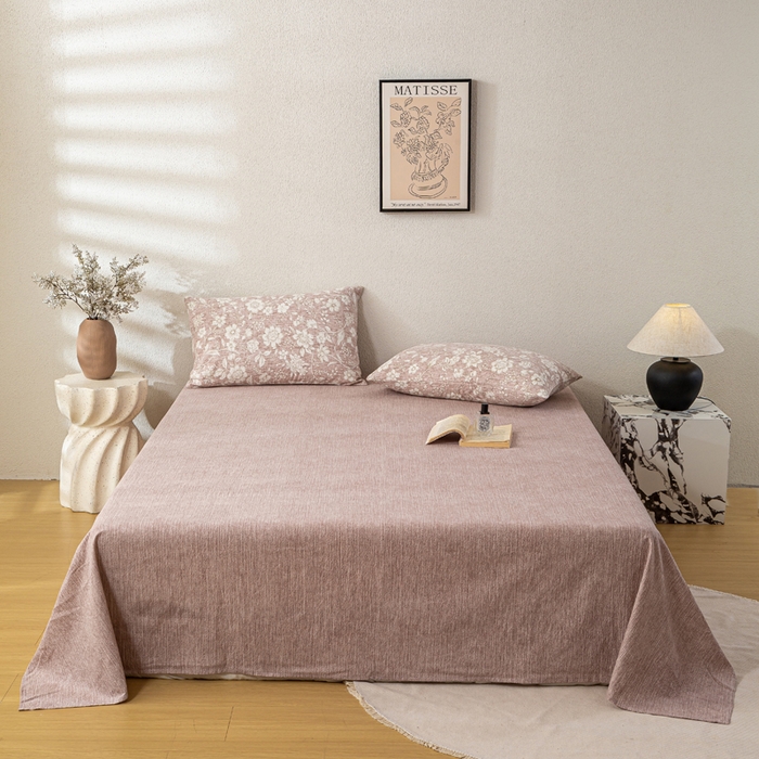 91家纺网 家纺一手货源 找家纺 漫仙阁家纺 2025新款加厚高克重原麻复古风印花四件套 粉黛