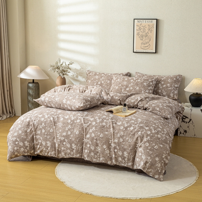 91家纺网 家纺一手货源 找家纺 漫仙阁家纺 2025新款加厚高克重原麻复古风印花四件套 花蕾-咖