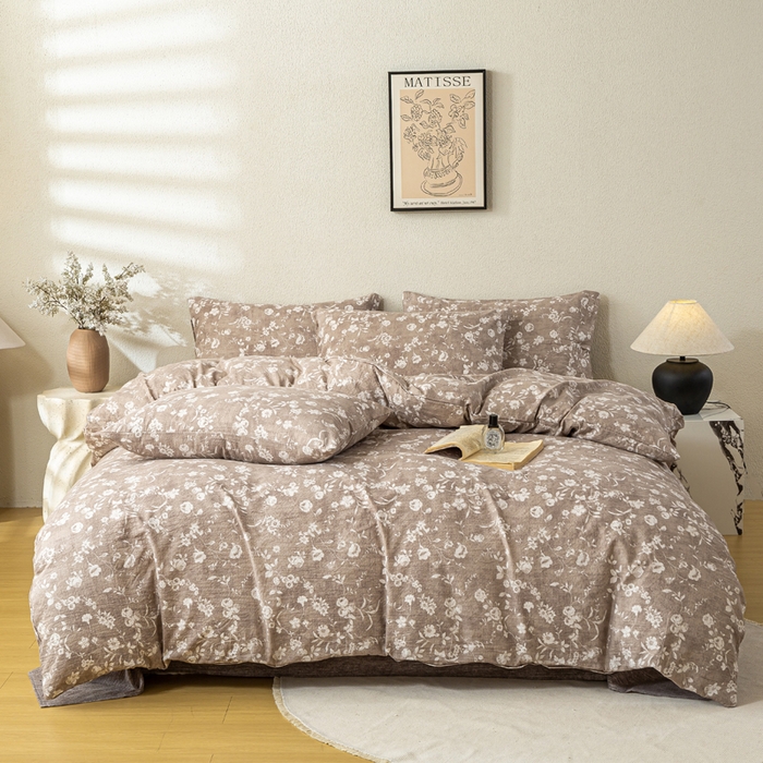 91家纺网 家纺一手货源 找家纺 漫仙阁家纺 2025新款加厚高克重原麻复古风印花四件套 花蕾-咖