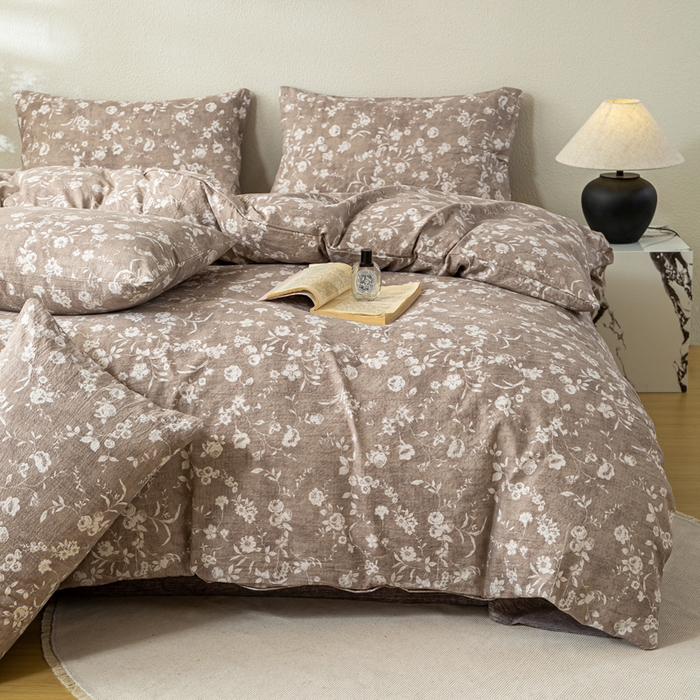 91家纺网 家纺一手货源 找家纺 漫仙阁家纺 2025新款加厚高克重原麻复古风印花四件套 花蕾-咖