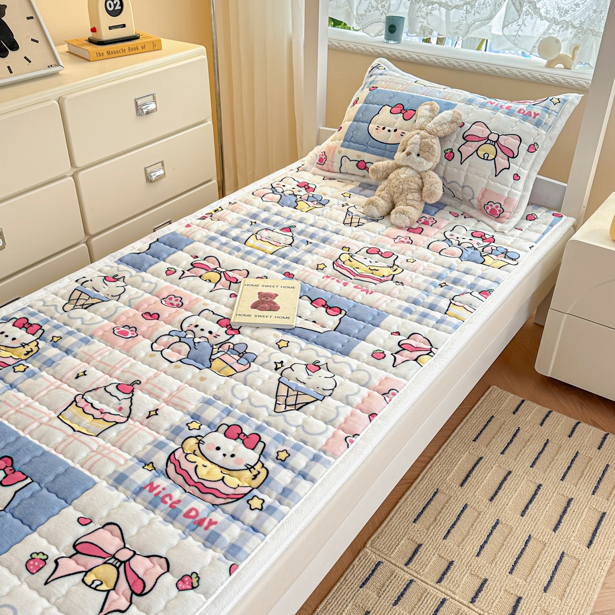 91家纺网 家纺一手货源 找家纺 川悦生活 2025新款A类印花牛奶绒床垫加厚绒保暖床床褥 床垫甜茶小猫