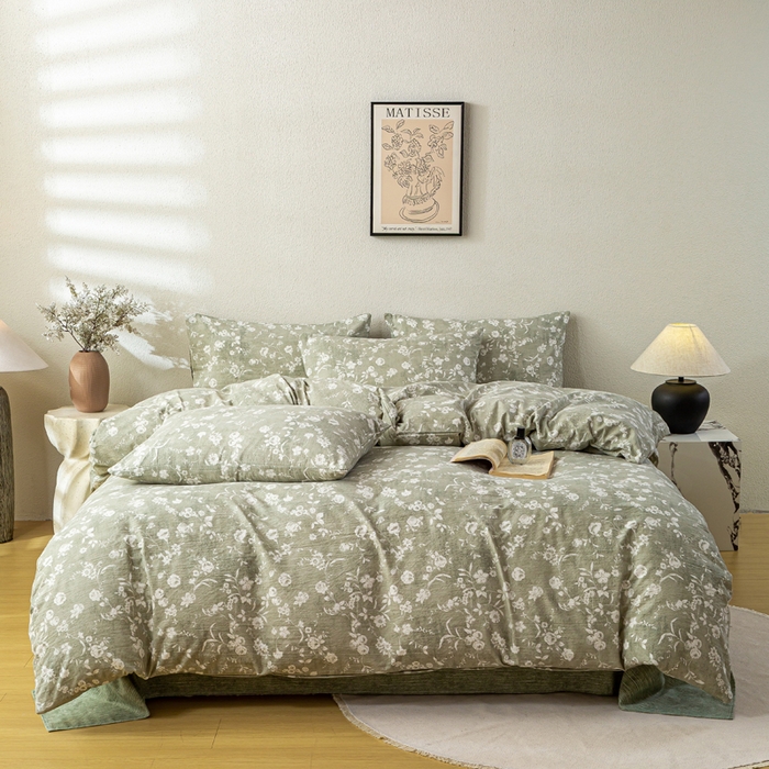 91家纺网 家纺一手货源 找家纺 漫仙阁家纺 2025新款加厚高克重原麻复古风印花四件套 花蕾-绿