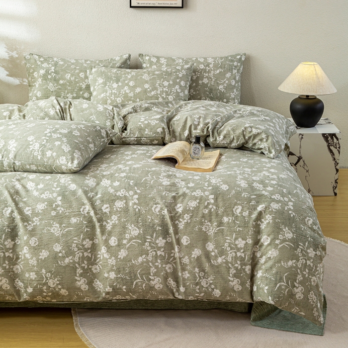 91家纺网 家纺一手货源 找家纺 漫仙阁家纺 2025新款加厚高克重原麻复古风印花四件套 花蕾-绿