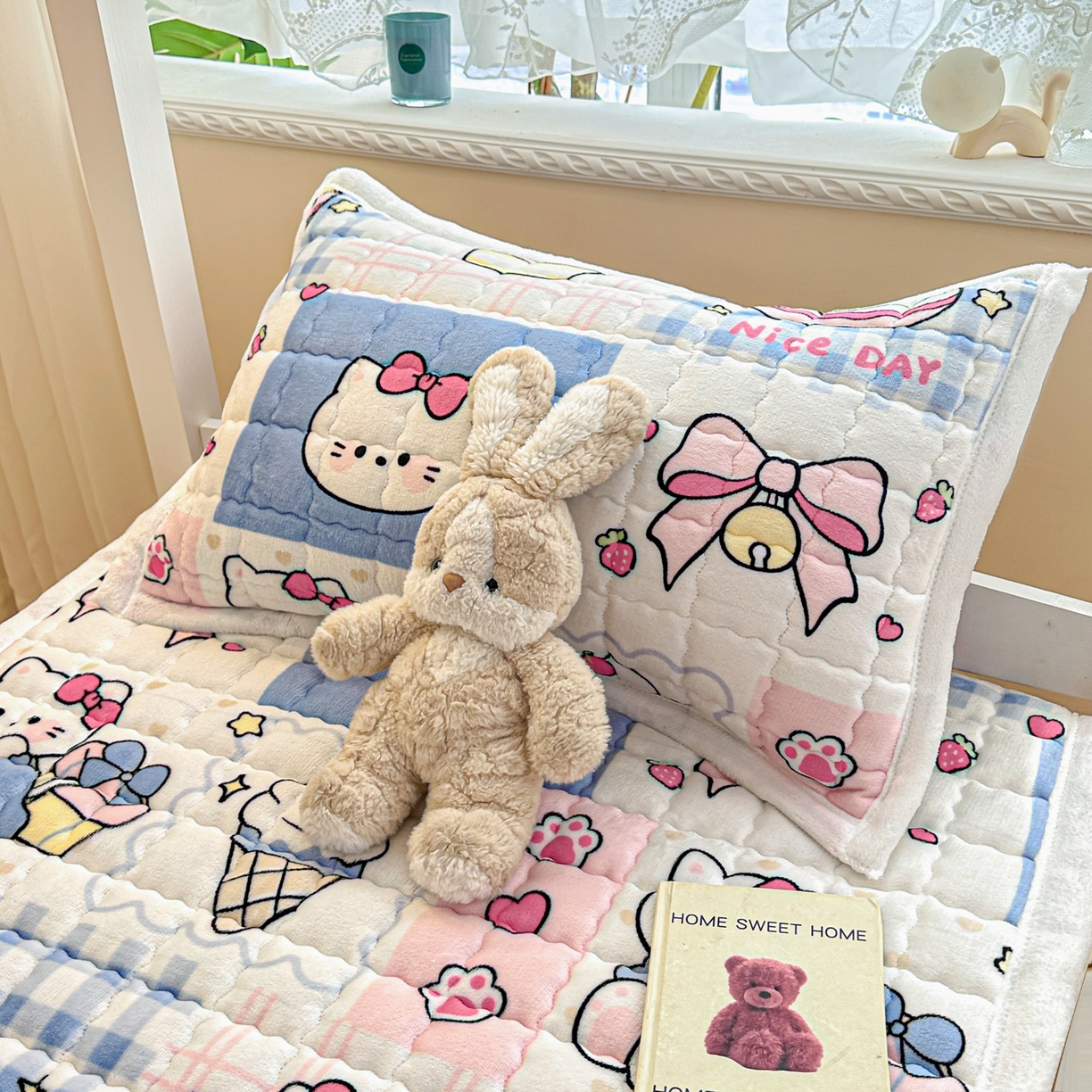 91家纺网 家纺一手货源 找家纺 川悦生活 2025新款A类印花牛奶绒床垫加厚绒保暖床床褥 床垫甜茶小猫