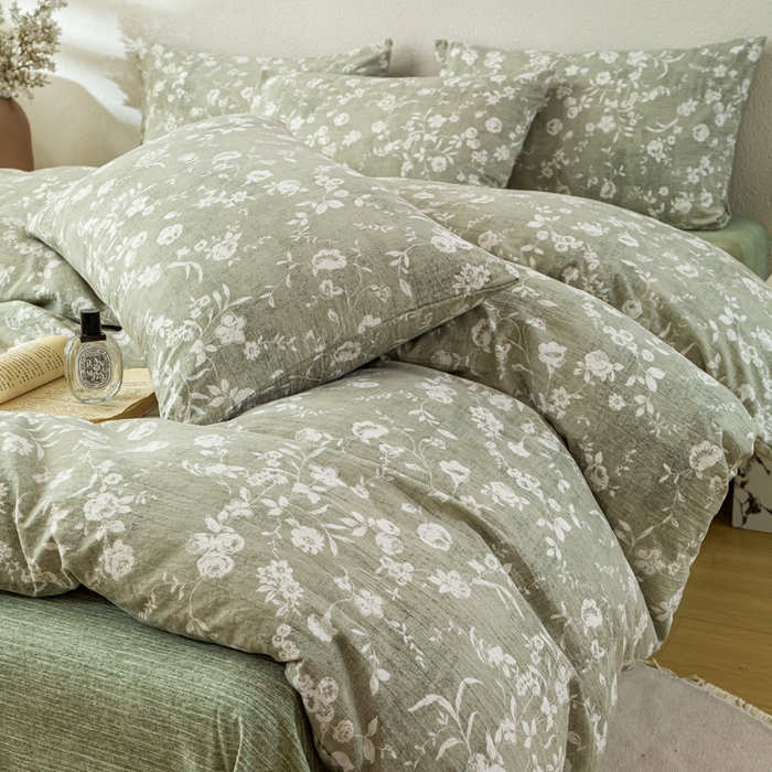 91家纺网 家纺一手货源 找家纺 漫仙阁家纺 2025新款加厚高克重原麻复古风印花四件套 花蕾-绿