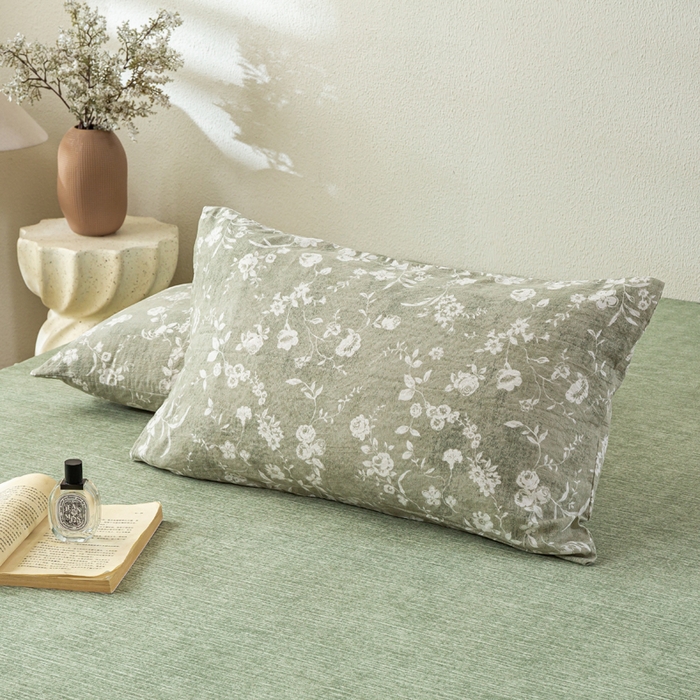 91家纺网 家纺一手货源 找家纺 漫仙阁家纺 2025新款加厚高克重原麻复古风印花四件套 花蕾-绿