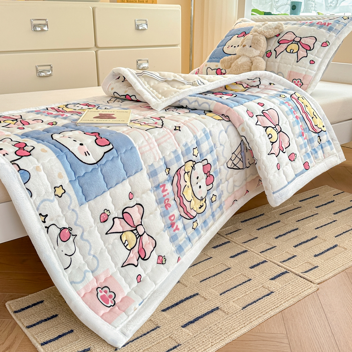 91家纺网 家纺一手货源 找家纺 川悦生活 2025新款A类印花牛奶绒床垫加厚绒保暖床床褥 床垫甜茶小猫