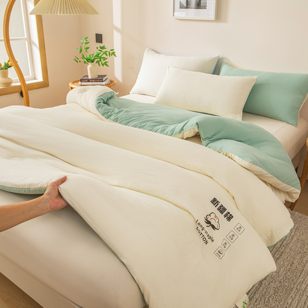 91家纺网 家纺一手货源 找家纺 圣尔雅家纺 2025新款A类水洗棉新疆棉花被无印风冬被加厚保暖被子被芯四季通用被子 白拼绿