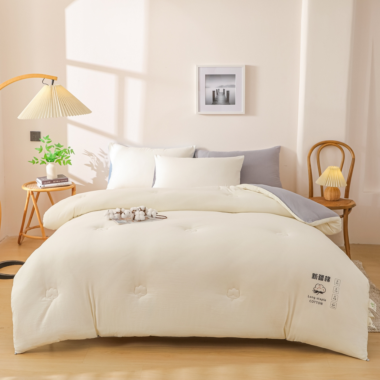 91家纺网 家纺一手货源 找家纺 圣尔雅家纺 2025新款A类水洗棉新疆棉花被无印风冬被加厚保暖被子被芯四季通用被子 白拼灰