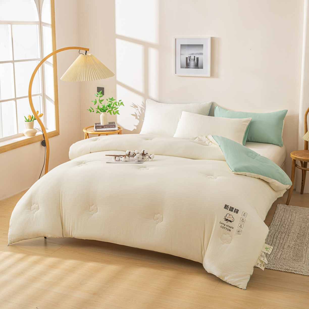 91家纺网 家纺一手货源 找家纺 圣尔雅家纺 2025新款A类水洗棉新疆棉花被无印风冬被加厚保暖被子被芯四季通用被子 白拼绿